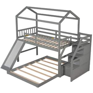 Gray Twin over Full House Bunk Bed with Convertible Slide and Storage Staircase, Full-Length Guardrail