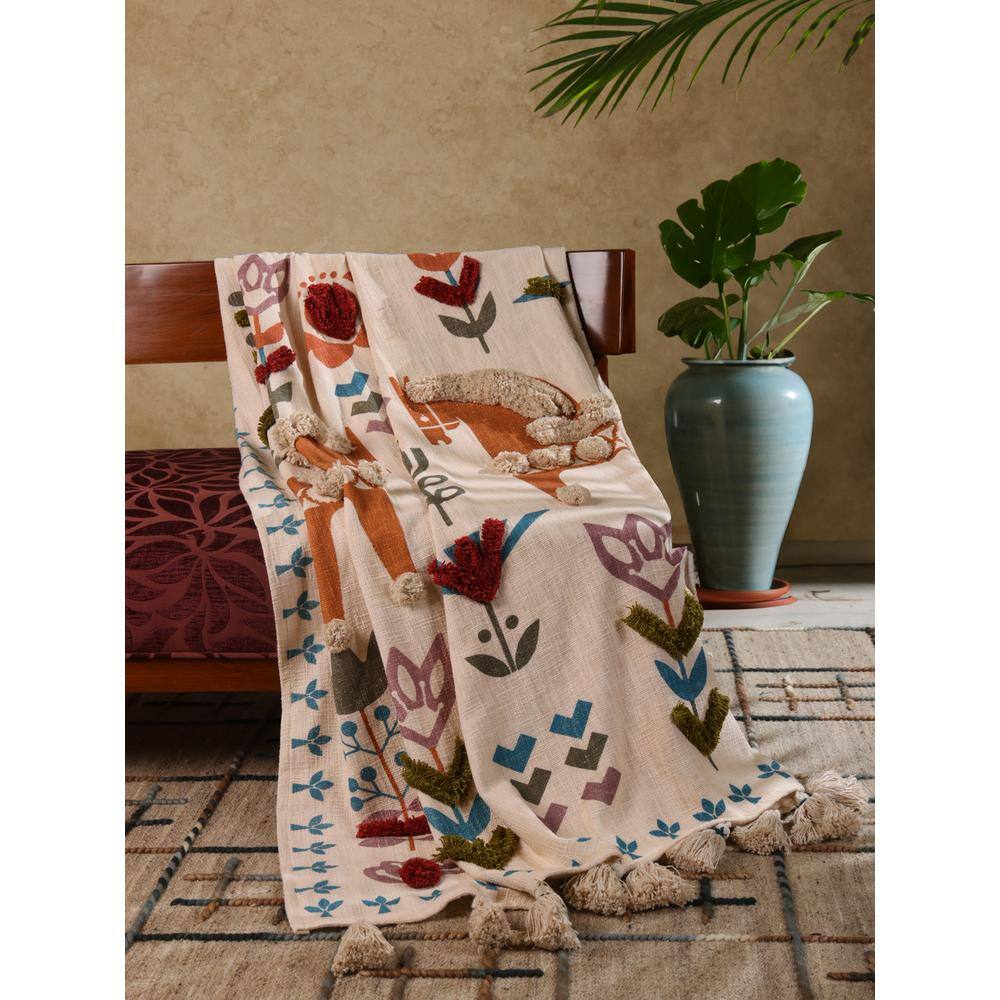 Kyoto Multicolored Cotton Embroidered Throw Blanket 50"x60"