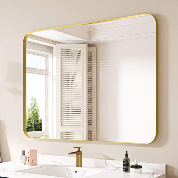 waterpar 48 in. W x 36 in. H Rectangular Aluminum Framed Wall Bathroom Vanity Mirror in Gold