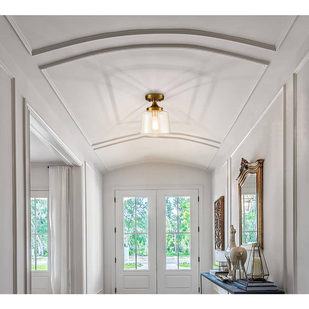 Brushed Gold Clear Glass Drum Semi Flush Mount Light