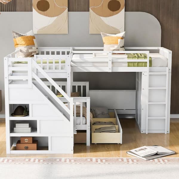 White Twin-Twin Over Full L-Shaped Bunk Bed With 3-Drawers, Portable Desk and Wardrobe