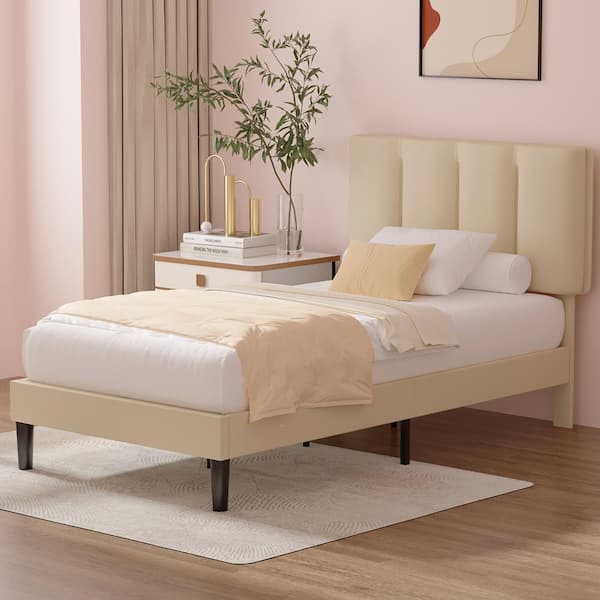 VECELO Upholstered Bedframe, Beige Metal Frame Twin Platform Bed 