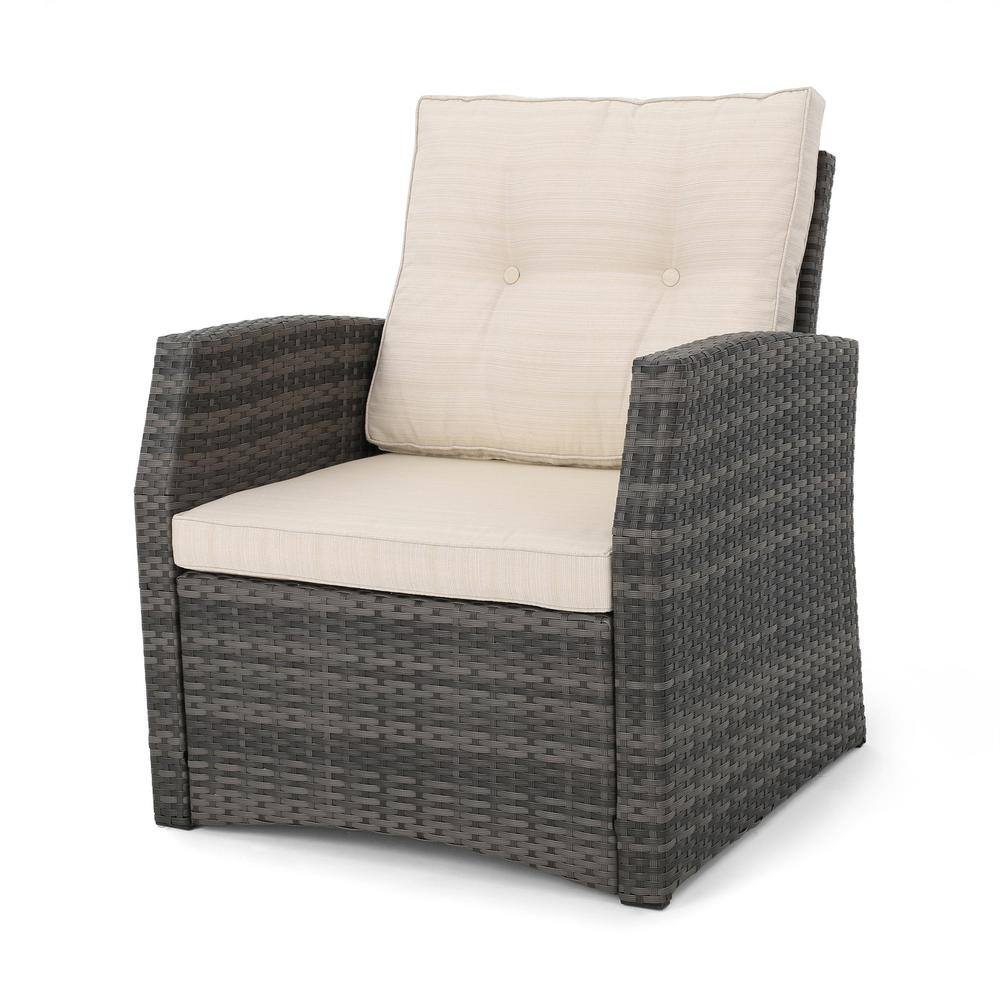 Noble House Luton Gray Wicker Outdoor Lounge Chair with Beige Cushion
