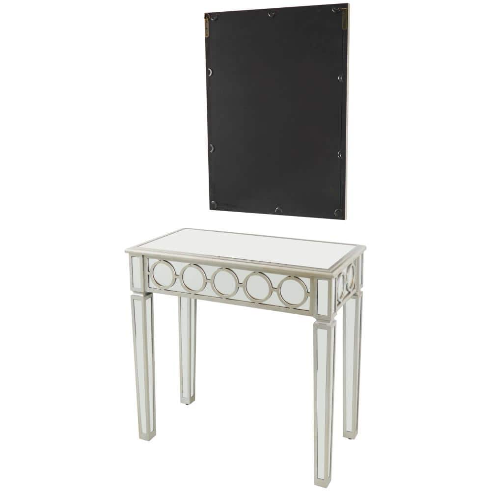 Silver Mirrored Wood and Glass Console Table with Storage