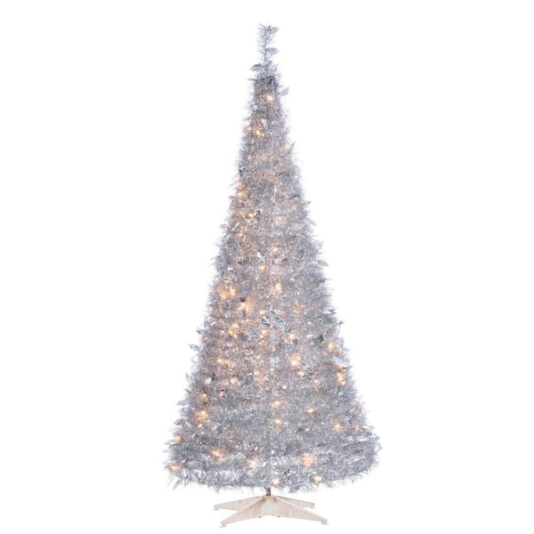 Sterling 6 ft. H Silver PopUp Tinsel Tree with Holly Leaves