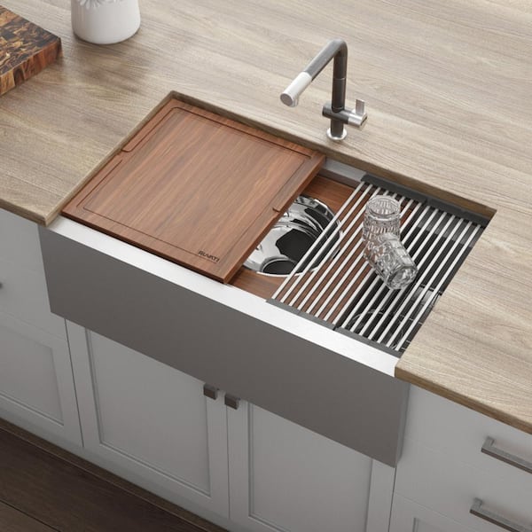 Dual Tier 34 in. Apron-Front Farmhouse Single Bowl 16-Gauge Stainless Steel Workstation Kitchen Sink with Accessories
