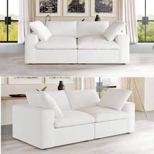 79 in. Square Arm 2-Piece Linen Modular Curved Soriana Loveseat Sectional Sofa Couch in White