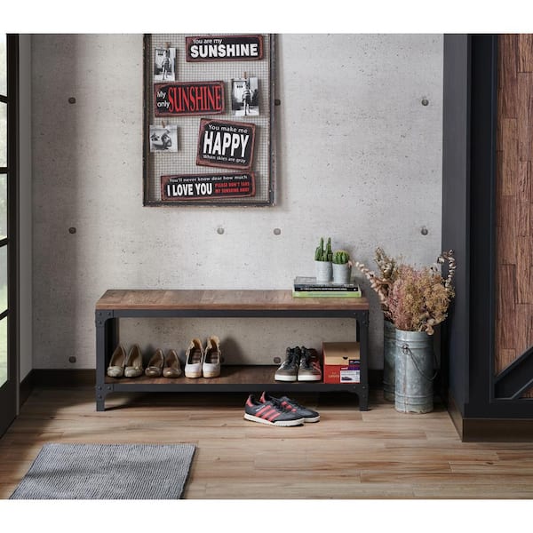 19 in. H x 47 in. W. 6 Pair Anselme Reclaimed Oak Open Shelf Shoe Storage Bench