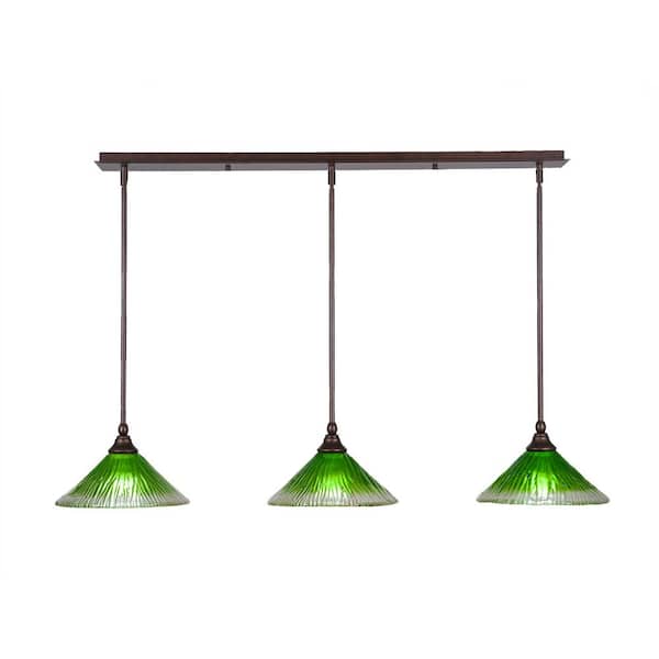 Unbranded Livingston 100-Watt 3 Light Bronze, Linear Pendant Light with 10 in. Kiwi Green Crystal Glass Shades No Bulbs Included