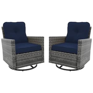2-piece Gray Wicker 360° Swivel Outdoor Rocking Chair with Navy Blue Cushion