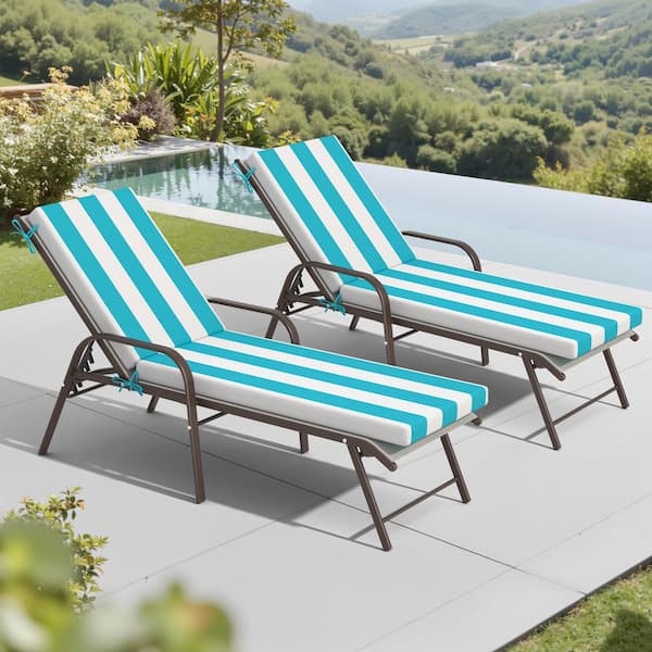 2-Piece Metal Adjustable Outdoor Chaise Lounge in Gray with Patio Chaise Lounge Cushions in Blue and White Stripe