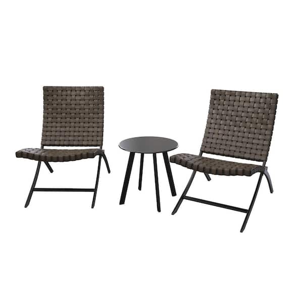 Angel Sar 3-Piece Rattan Patio Furniture Set Foldable Wicker Lounger Chairs and Coffee Table, Cordovan Brown