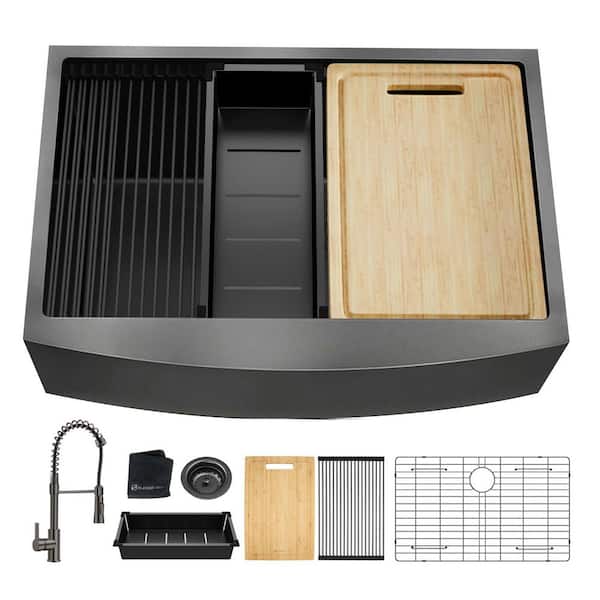 33 in. Farmhouse Single Bowl 18-Gauge Gunmetal Black Stainless Steel Kitchen Sink with Faucet and Bottom Grids