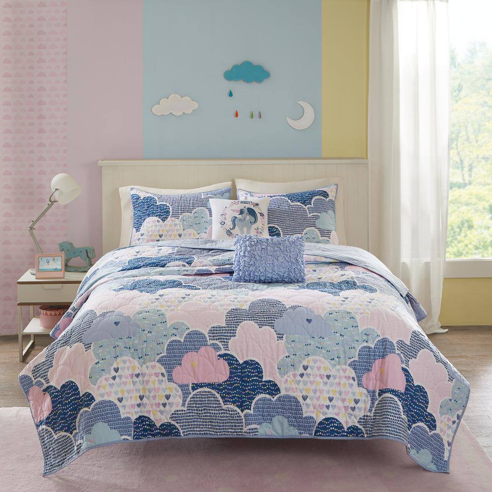 Blue Twin Cotton Reversible Fantasy Coverlet Set with Throw Pillows