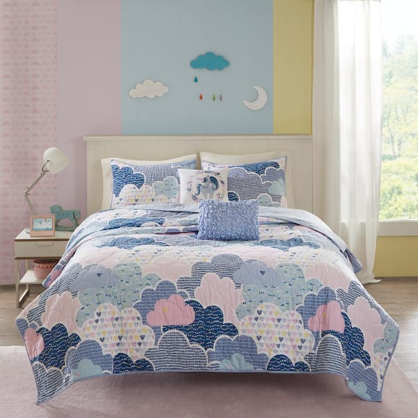 Bliss 5-Piece Blue Full/Queen Cotton Reversible Coverlet Set