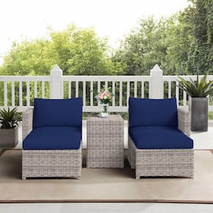 Soleil Jardin.5-Piece Grey Wicker Outdoor Loveseat with Ottomans, Navy Blue Cushions