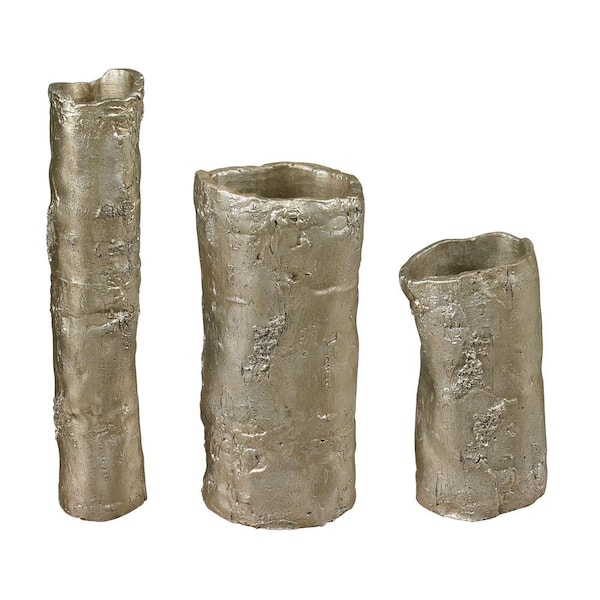 Titan Lighting Birch Bark 18 in., 14 in. and 11 in. Composite Decorative Vases in Silver Leaf (Set of 3)