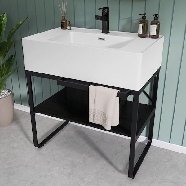 Nuyt 31.5 in. Solid Surface White Rectangular Single Sink Bathroom Console Sink with Black Legs and Overflow