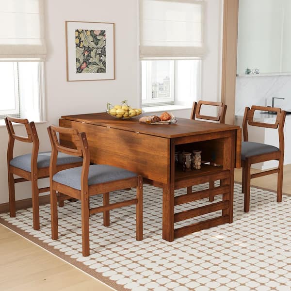 5-Piece Brown Extendable Dining Table Set with Square Wood Top, Two 11.8 in. Drop Leaves, Seats 4