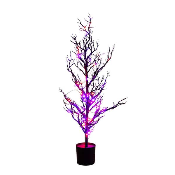 3ft. Pre-Lit Artificial Halloween Black Spooky Twig Tree with 100 Orange and Purple Copper Wire String LED Lights