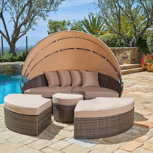5-Piece Wicker Outdoor Day Bed with Brown Cushions and Retractable Canopy