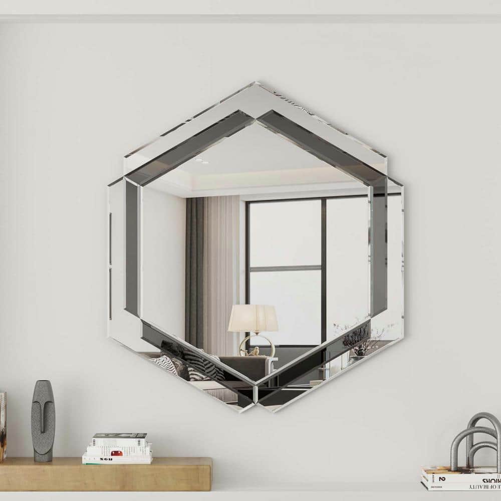 28.1 in W x 31.5 in H Wall Mounted Modern Silver Decorative Round Wall Mirr