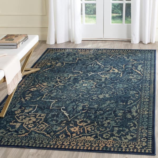 Vintage 7 ft. x 9 ft. Blue/Yellow Border Area Rug