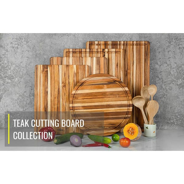 5-Piece 15.75 in. Natural Wood Round Teak Cutting Board Set