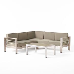 Cape Coral Silver 4-Piece Aluminum Outdoor Sectional Set with Khaki Cushions