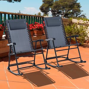 Metal Outdoor Rocking Chair Folding 2-Piece Set with Mesh Fabric and Folding Design - Grey