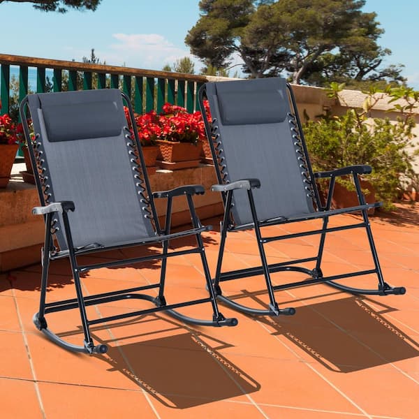 Outsunny Metal Outdoor Rocking Chair Folding 2-Piece Set with Mesh Fabric and Folding Design - Grey