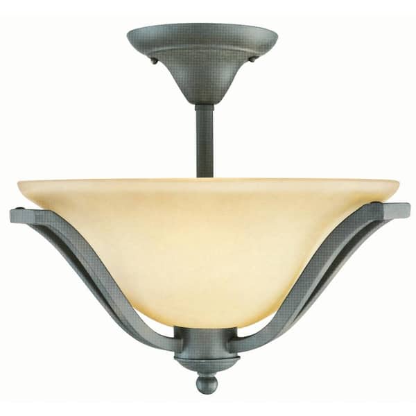 SUPERHUNTER 13 in. Rustic Iron Semi-Flush Mount Fixture with Antique Ivory Glass Shade