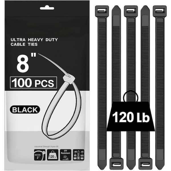 Heavy Duty 8 in. UV Resistant Nylon Cable Zip Tie Black 100-Pack with 120 lb. Tensile Strength