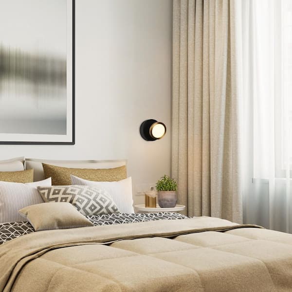 4 in. Modern 1-Light Black Integrated LED Bathroom Round Wall Sconce, Brass Gold Adjustable Wall Light