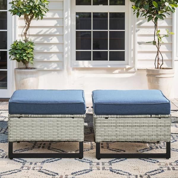Opohoro U-Weave Metal and Light Beige Wicker Outdoor Ottoman with Olefin Navy Blue Family Cushion (2-Pack)