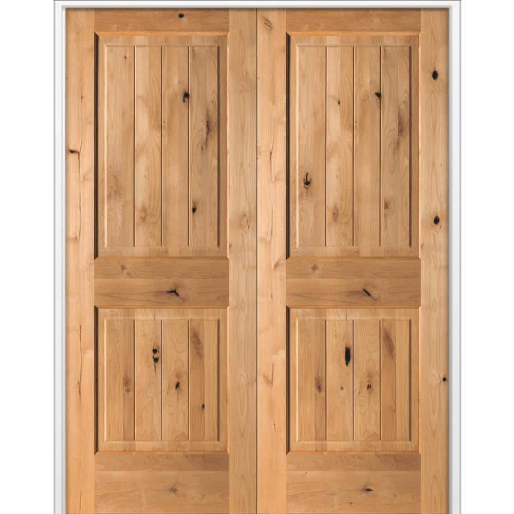 56 in. x 80 in. Knotty Alder 2-Panel V-Groove Solid Wood Both-Active BEHR Cedar Stain Double Prehung Interior Door price history on PriceWatchPro