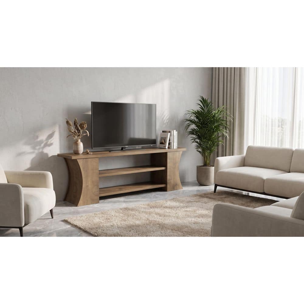Ezlynn 63 in. Brown TV Stand Wood Entertainment Center Fits TVs up 75 in. Open Storage Media Shelf 3 Tier Television