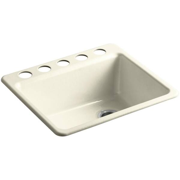 KOHLER Riverby Undermount Cast-Iron 25 in. 5-Hole Single Bowl Kitchen Sink Kit with Bowl Rack in Cane Sugar