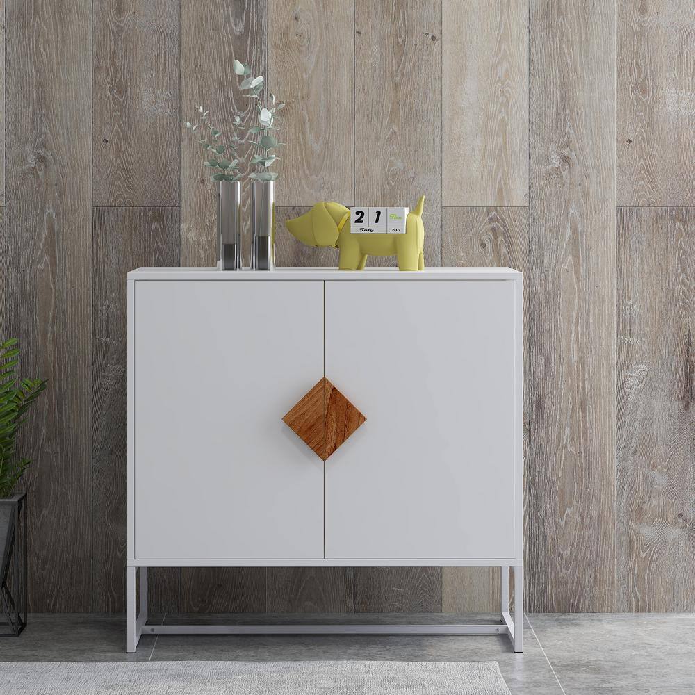 White MDF and Iron Frame Sideboard with Square Wooden Handle