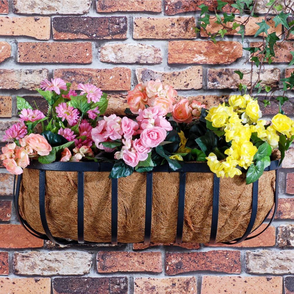 24-Inch Black Metal Wall-Mounted Outdoor Planter with Coconut Liner