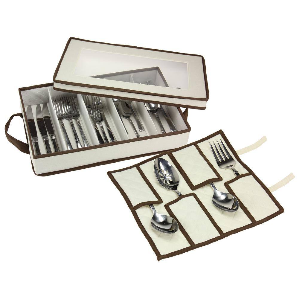 Natural Canvas Flatware Storage Chest with Brown Trim