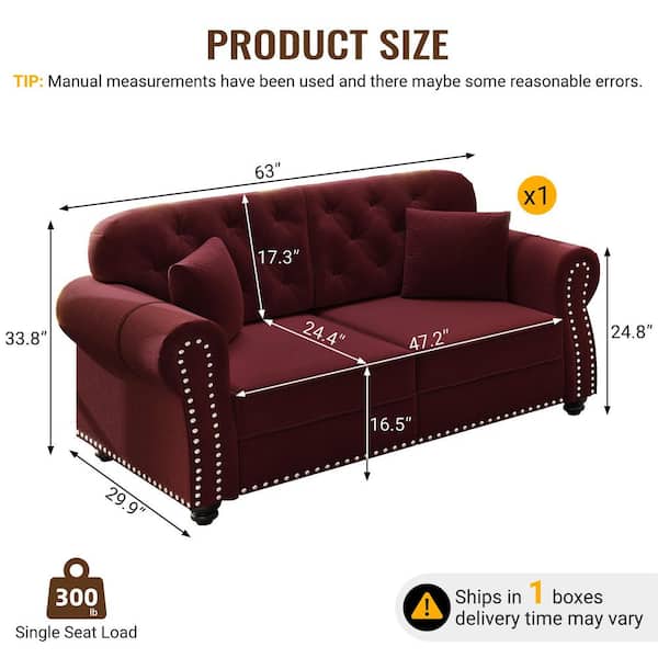Polibi 63 in. Rolled Arm Velvet Rectangle Sofa in Burgundy with 2