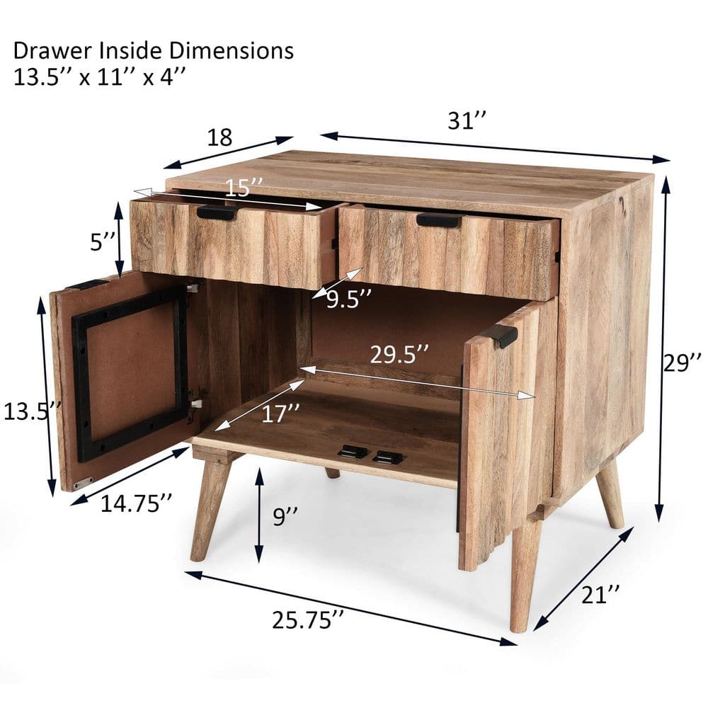 Natural Mango Wood Cabinet with Black Hardware and Drawers