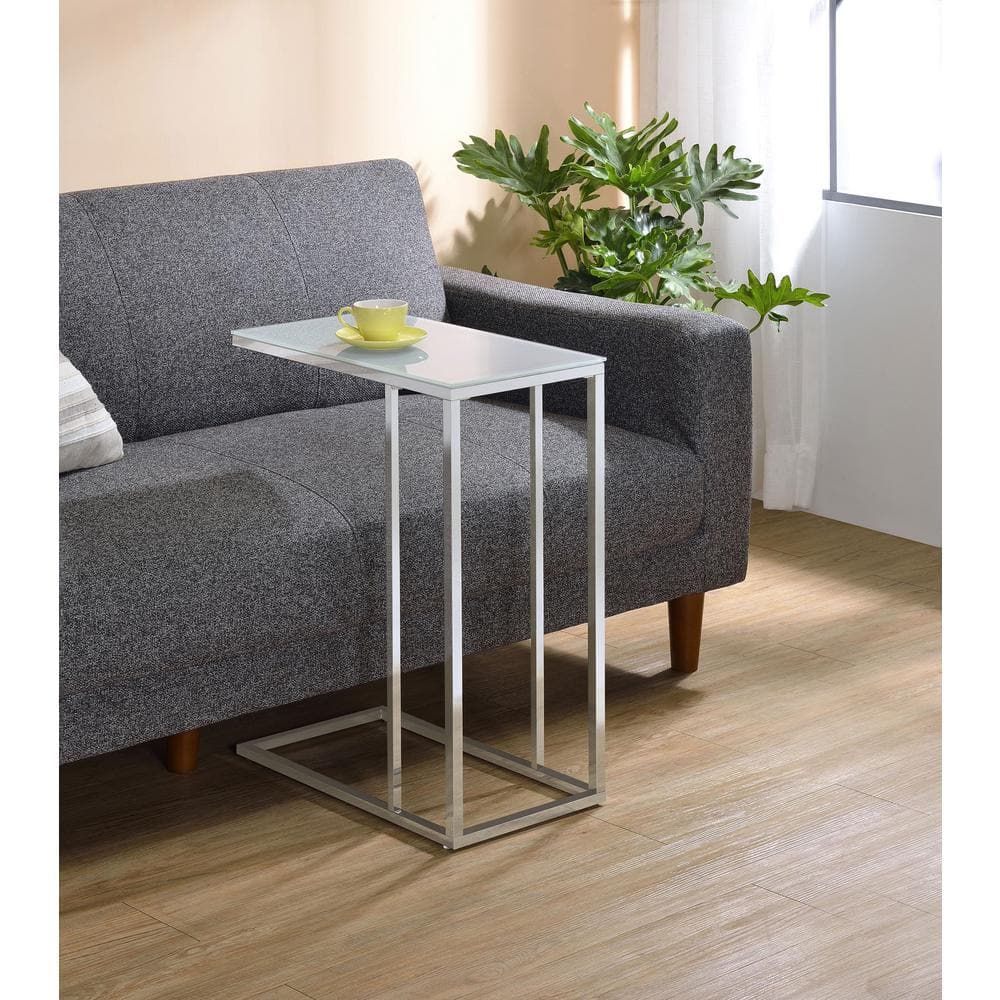 Sleek Chrome Metal & Frosted Glass C-Shaped Snack Table