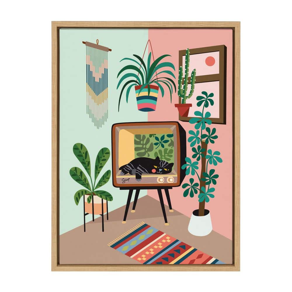 Natural Framed Canvas Print with Cat in TV, 18x24