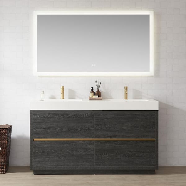ROSWELL Huesca 59.8 in. W x 19.7 in. D x 33.9 in. H Double Sink Bath Vanity in North Black Oak with White Composite Stone Top