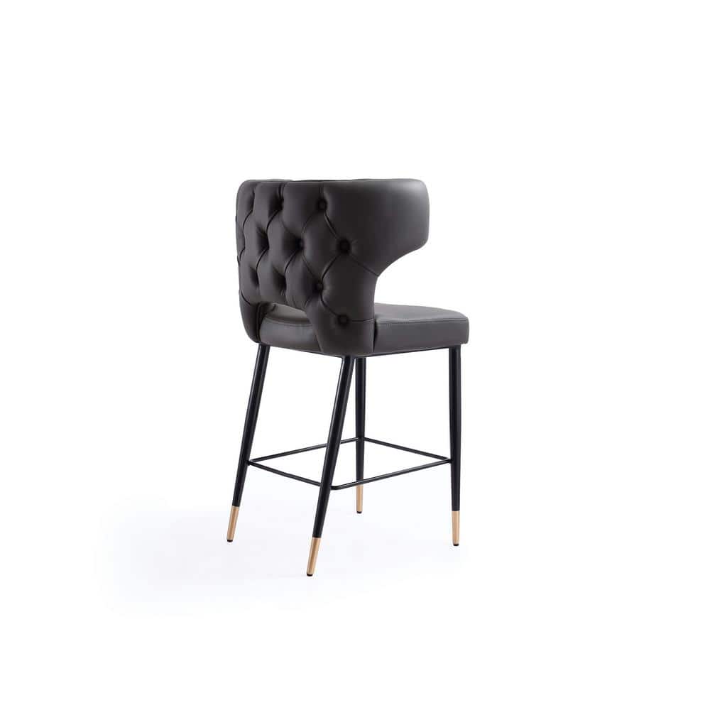 Gray Leather and Ash Wood Counter Stool with Gold Trim