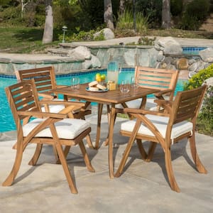 Hermosa Teak Brown Finish 5-Piece Wood Square  Outdoor Patio  Dining Set with Cream Cushions