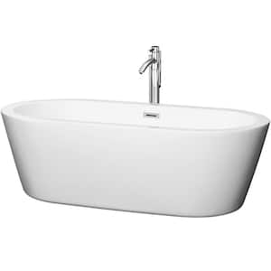 Mermaid 71 in. Acrylic Flatbottom Center Drain Soaking Tub in White with Floor Mounted Faucet in Chrome
