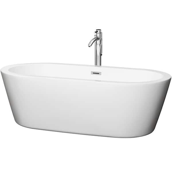 Wyndham Collection Mermaid 71 in. Acrylic Flatbottom Center Drain Soaking Tub in White with Floor Mounted Faucet in Chrome